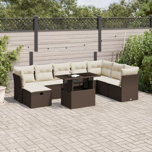 Conjunto Sofás p/ Jardim c/ Almofadões Vime PE Castanho (9 pcs)