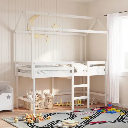 Cama Alta c/ Escada e Telhado 90x190 cm Pinho Maciço Branco