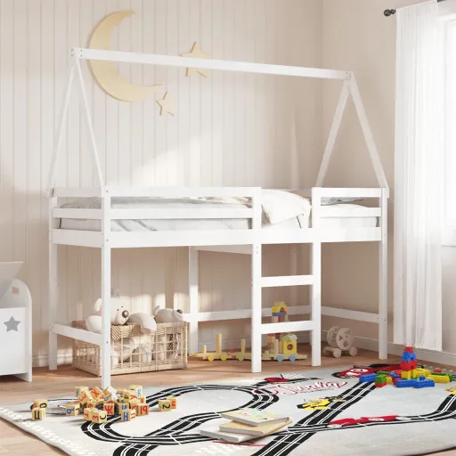 Cama Alta c/ Escada e Telhado 90x190 cm Pinho Maciço Branco