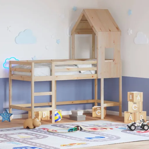 Cama Alta c/ Escada e Telhado 90x200 cm Pinho Maciço