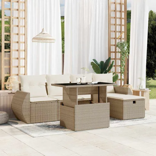 Conjunto de Sofás p/ Jardim com Almofadões Vime PE Bege (6 pcs)
