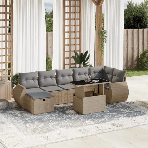 Conjunto de Sofás p/ Jardim com Almofadões Vime PE Bege (8 pcs)