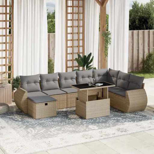 Conjunto de Sofás p/ Jardim com Almofadões Vime PE Bege (9 pcs)