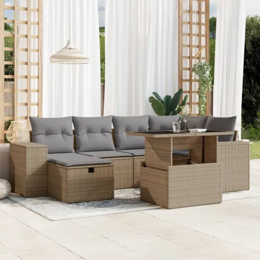 Conjunto de Sofás p/ Jardim com Almofadões Vime PE Bege (7 pcs)