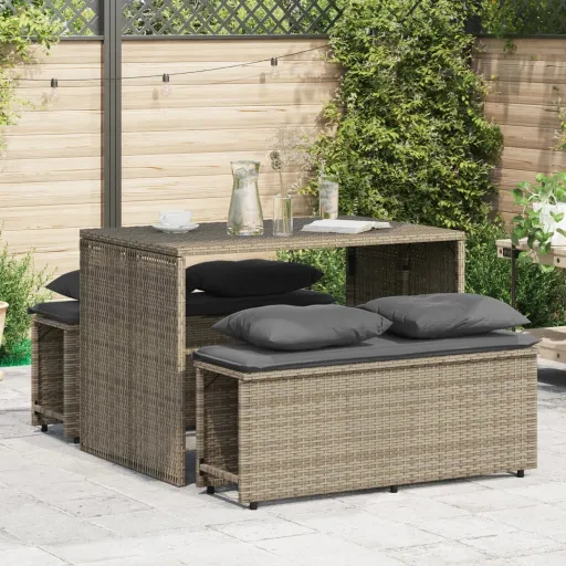 Conjunto de Jantar p/ Jardim c/ Almofadões Vime PE Cinza (3 pcs)