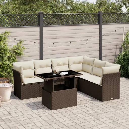 Conjunto de Sofás Jardim c/ Almofadões Vime PE Castanho (7 pcs)