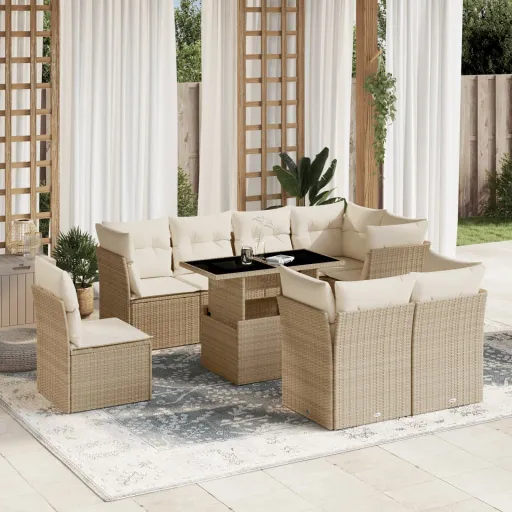 Conjunto de Sofás p/ Jardim com Almofadões Vime PE Bege (9 pcs)