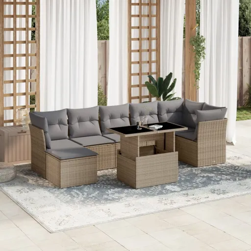 Conjunto de Sofás p/ Jardim com Almofadões Vime PE Bege (8 pcs)