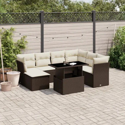 Conjunto Sofás de Jardim c/ Almofadões Vime PE Castanho (8 pcs)