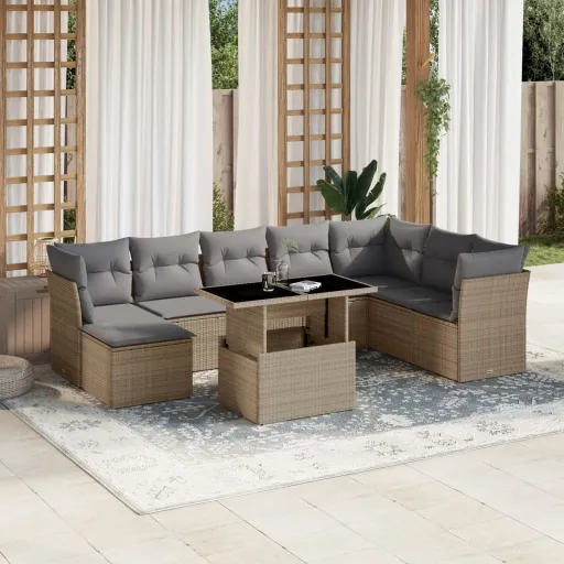 Conjunto de Sofás p/ Jardim com Almofadões Vime PE Bege (9 pcs)