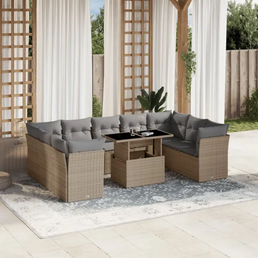 Conjunto de Sofás p/ Jardim com Almofadões Vime PE Bege (10 pcs)