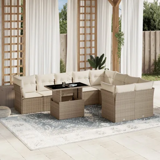Conjunto de Sofás p/ Jardim com Almofadões Vime PE Bege (10 pcs)