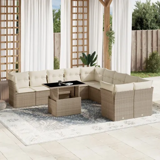 Conjunto Sofás de Jardim c/ Almofadões Vime PE Bege (11 pcs)