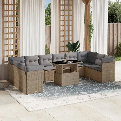 Conjunto Sofás de Jardim c/ Almofadões Vime PE Bege (11 pcs)