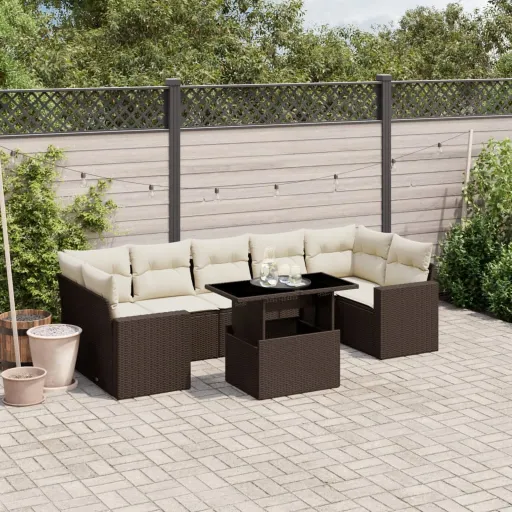 Conjunto Sofás de Jardim c/ Almofadões Vime PE Castanho (8 pcs)