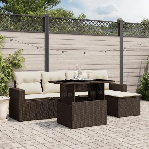 Conjunto de Sofás Jardim c/ Almofadões Vime PE Castanho (6 pcs)