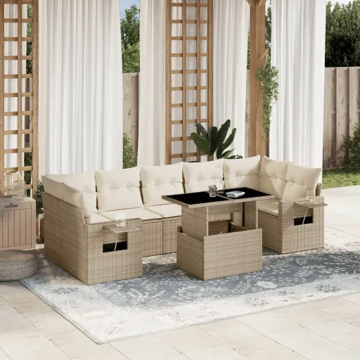 Conjunto de Sofás p/ Jardim com Almofadões Vime PE Bege (8 pcs)