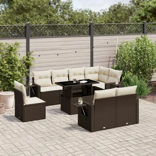 Conjunto Sofás p/ Jardim c/ Almofadões Vime PE Castanho (9 pcs)