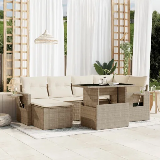 Conjunto de Sofás p/ Jardim com Almofadões Vime PE Bege (7 pcs)
