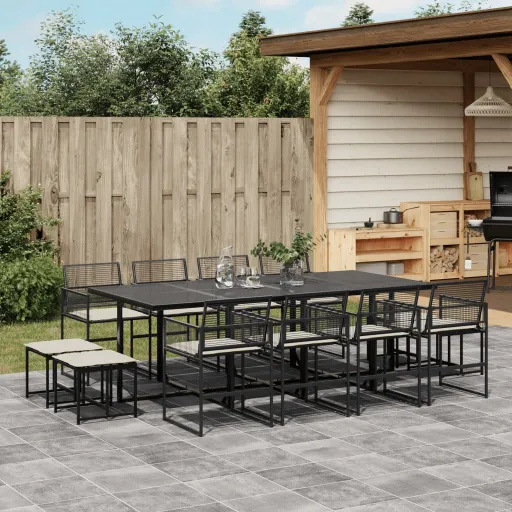 Conjunto de Jantar p/Jardim com Almofadões Vime PE Preto (13 pcs)