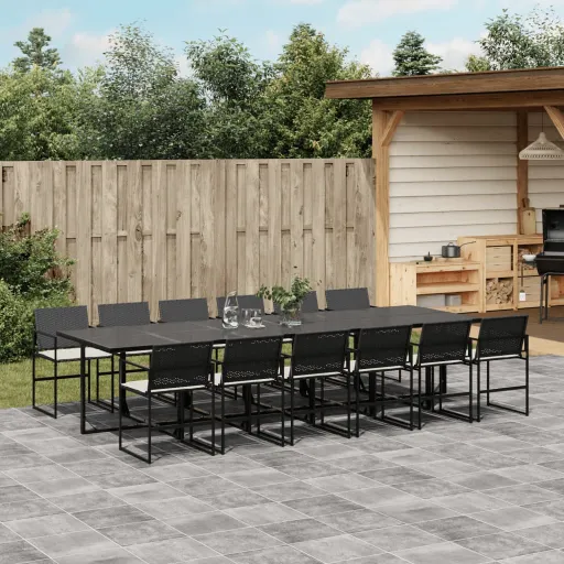 Conjunto de Jantar p/Jardim com Almofadões Vime PE Preto (13 pcs)