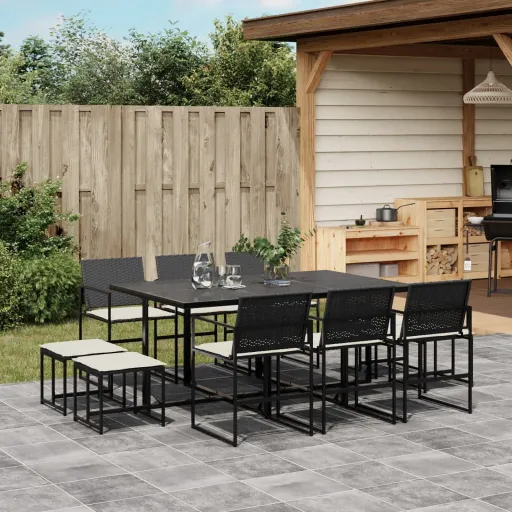 Conjunto de Jantar p/ Jardim c/ Almofadões Vime PE Preto (11 pcs)