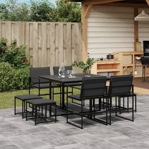 Conj. de Jantar para Jardim c/ Almofadões Textilene Preto (9 pcs)