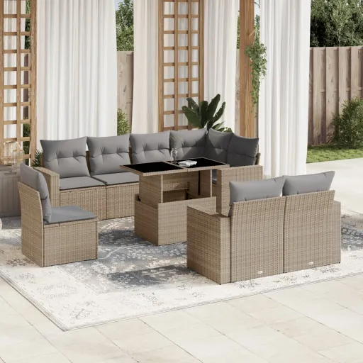 Conjunto de Sofás p/ Jardim com Almofadões Vime PE Bege (9 pcs)