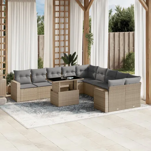 Conjunto Sofás de Jardim c/ Almofadões Vime PE Bege (11 pcs)