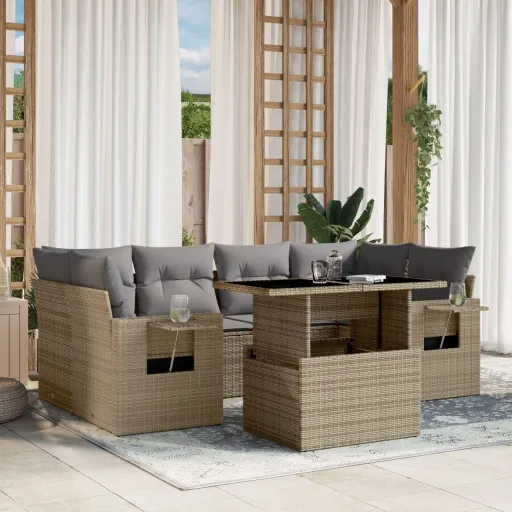 Conjunto de Sofás p/ Jardim com Almofadões Vime PE Bege (7 pcs)