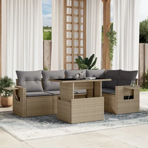 Conjunto de Sofás p/ Jardim com Almofadões Vime PE Bege (6 pcs)