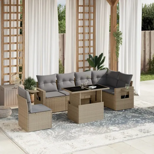 Conjunto de Sofás p/ Jardim com Almofadões Vime PE Bege (7 pcs)