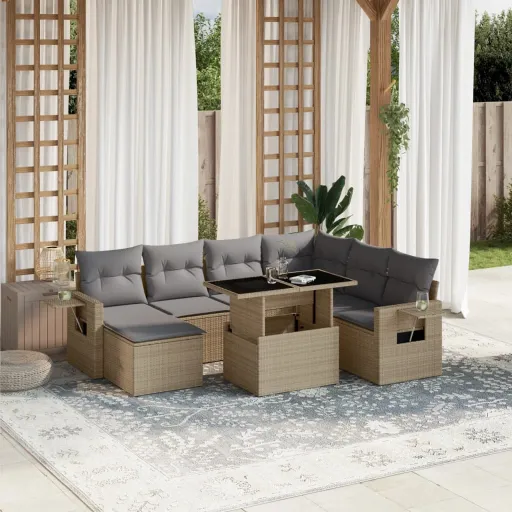 Conjunto de Sofás p/ Jardim com Almofadões Vime PE Bege (8 pcs)