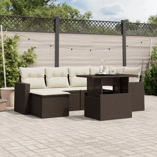Conjunto de Sofás Jardim c/ Almofadões Vime PE Castanho (7 pcs)