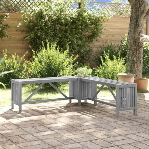 Banco de Canto p/ Jardim com Vaso 117 cm Acácia Maciça Cinzento