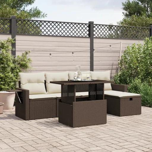 Conjunto de Sofás Jardim c/ Almofadões Vime PE Castanho (6 pcs)