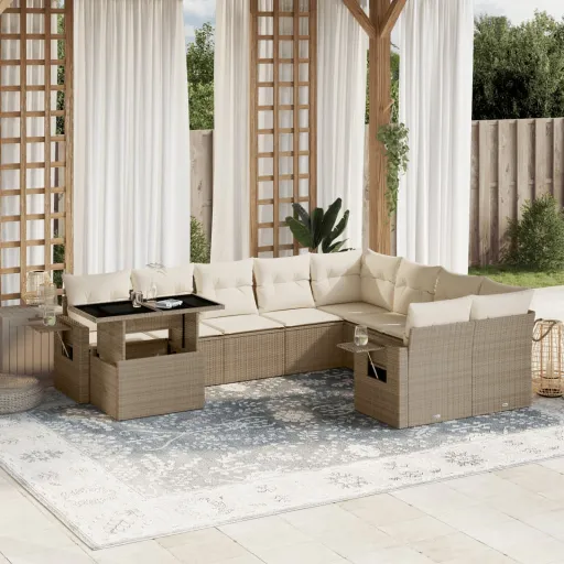 Conjunto de Sofás p/ Jardim com Almofadões Vime PE Bege (10 pcs)