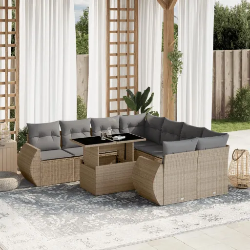 Conjunto de Sofás p/ Jardim com Almofadões Vime PE Bege (9 pcs)
