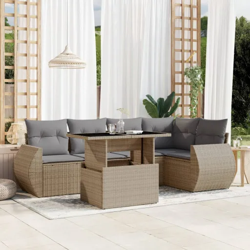 Conjunto de Sofás p/ Jardim com Almofadões Vime PE Bege (6 pcs)