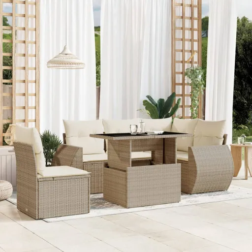 Conjunto de Sofás p/ Jardim com Almofadões Vime PE Bege (6 pcs)