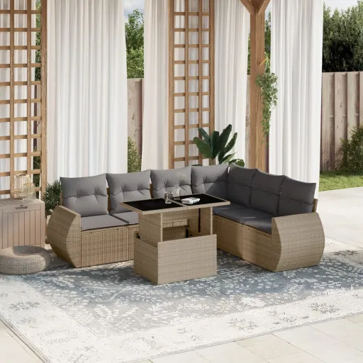 Conjunto de Sofás p/ Jardim com Almofadões Vime PE Bege (7 pcs)