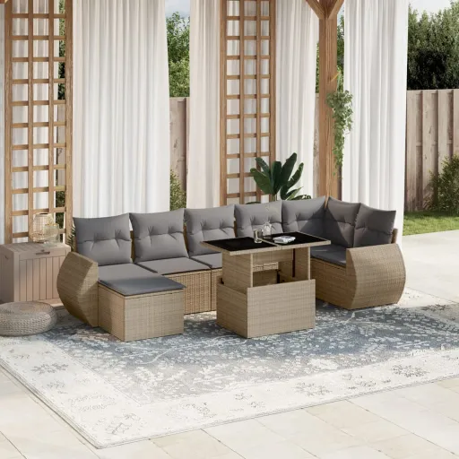 Conjunto de Sofás p/ Jardim com Almofadões Vime PE Bege (8 pcs)