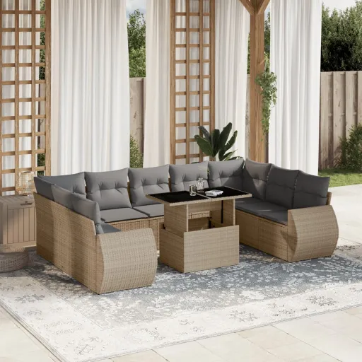 Conjunto de Sofás p/ Jardim com Almofadões Vime PE Bege (10 pcs)