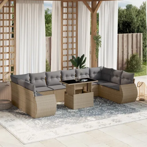 Conjunto Sofás de Jardim c/ Almofadões Vime PE Bege (11 pcs)