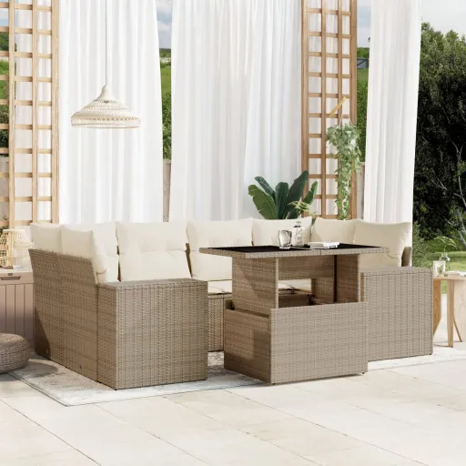 Conjunto de Sofás p/ Jardim com Almofadões Vime PE Bege (7 pcs)