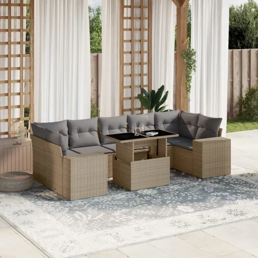 Conjunto de Sofás p/ Jardim com Almofadões Vime PE Bege (8 pcs)