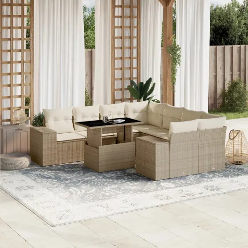 Conjunto de Sofás p/ Jardim com Almofadões Vime PE Bege (9 pcs)