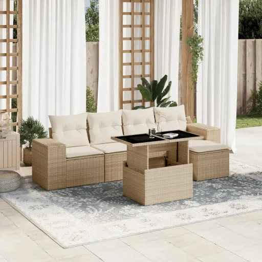 Conjunto de Sofás p/ Jardim com Almofadões Vime PE Bege (6 pcs)