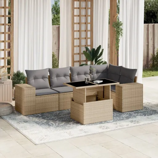 Conjunto de Sofás p/ Jardim com Almofadões Vime PE Bege (6 pcs)