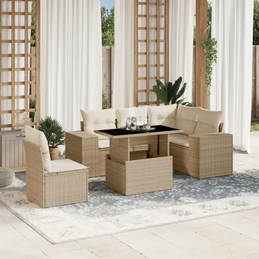 Conjunto de Sofás p/ Jardim com Almofadões Vime PE Bege (6 pcs)